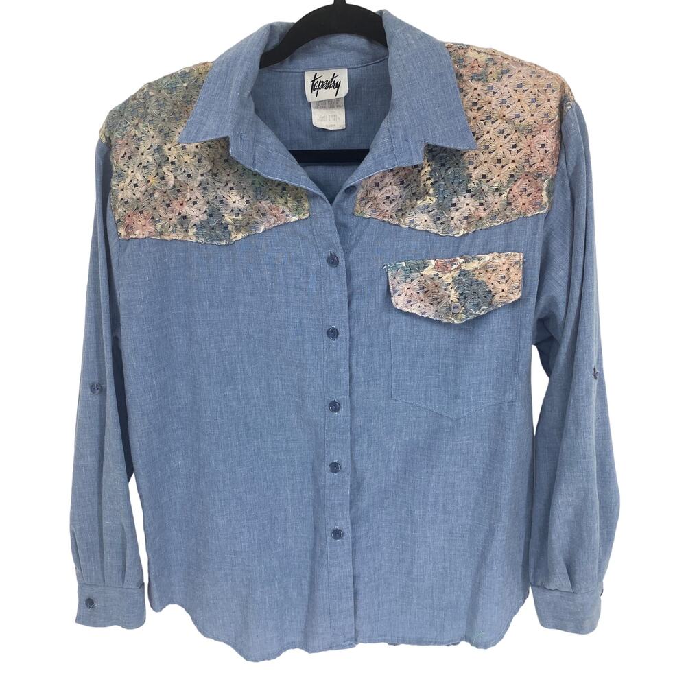 VTG 70s Paisley women M Western blue Floral long sleeve button Sears Boys shirt